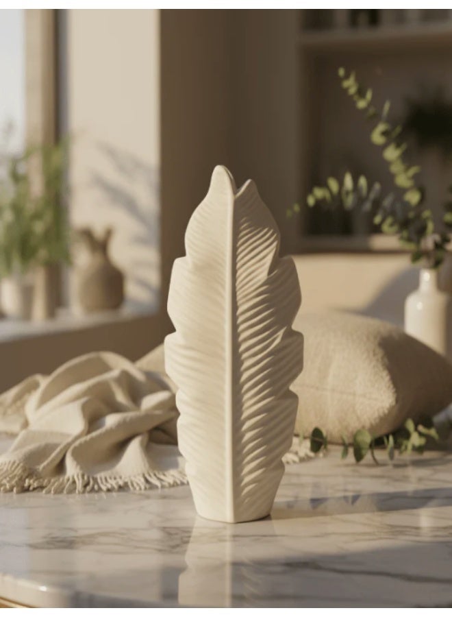 AKDC Luxury Leaf-Style Ceramic Flower Vase – Elegant White Decorative Design for Modern Interiors, 25 × 14 cm - Image 1